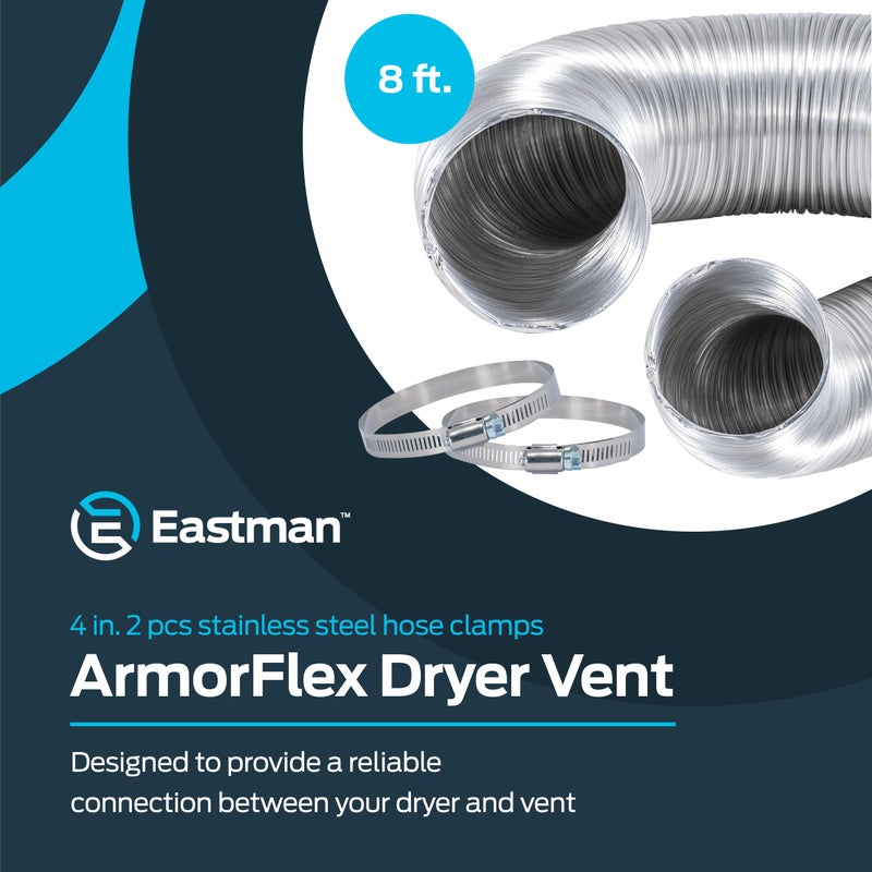 Eastman 8 Foot ArmorFlex Dryer Vent, Flexible Aluminum Duct with Clamps, Semi-Rigid, 69028 - Image 2